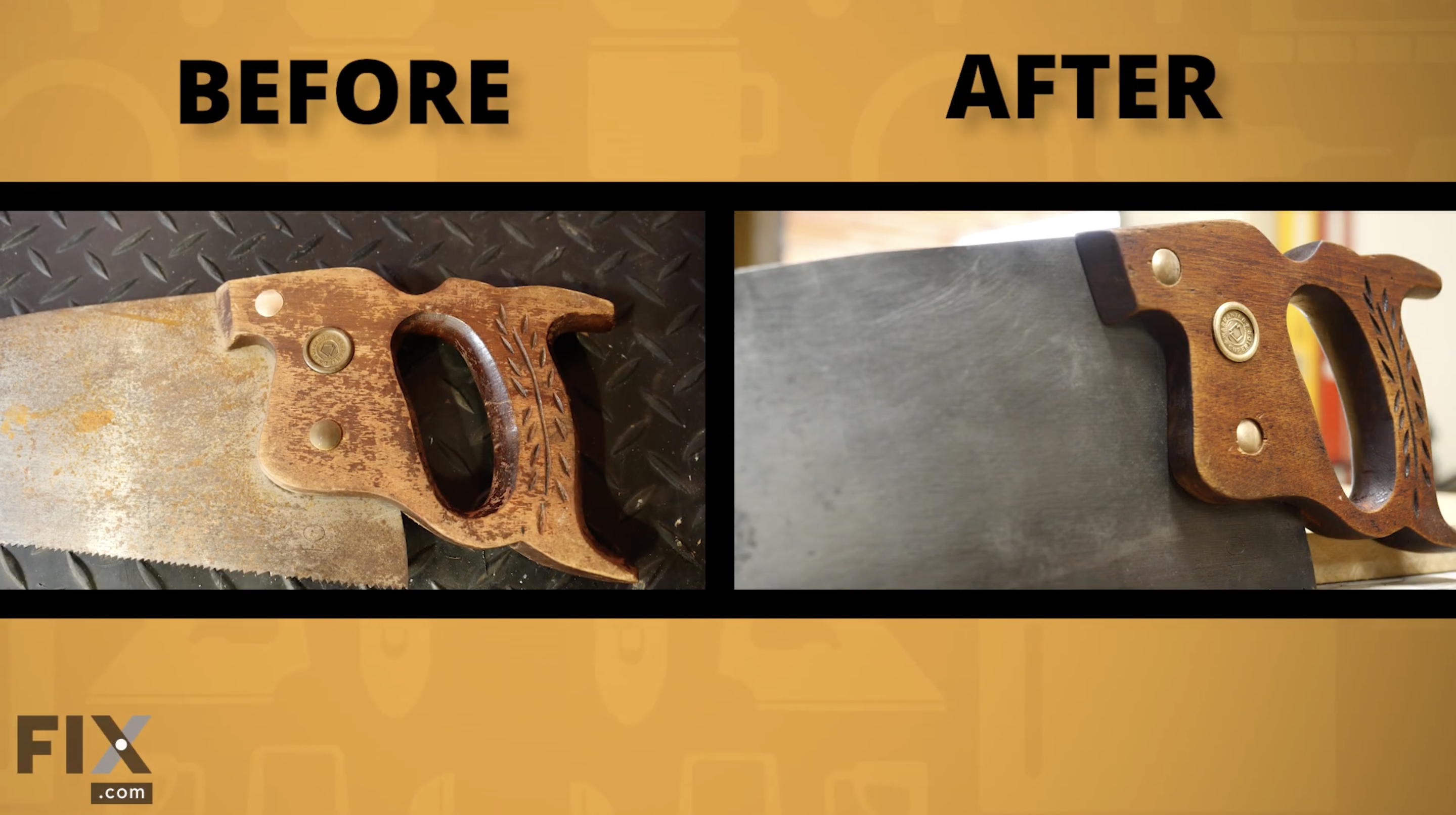 Before and after the restoration - you can see how dramatic of a change this restoration this is on the hand saw and tools.