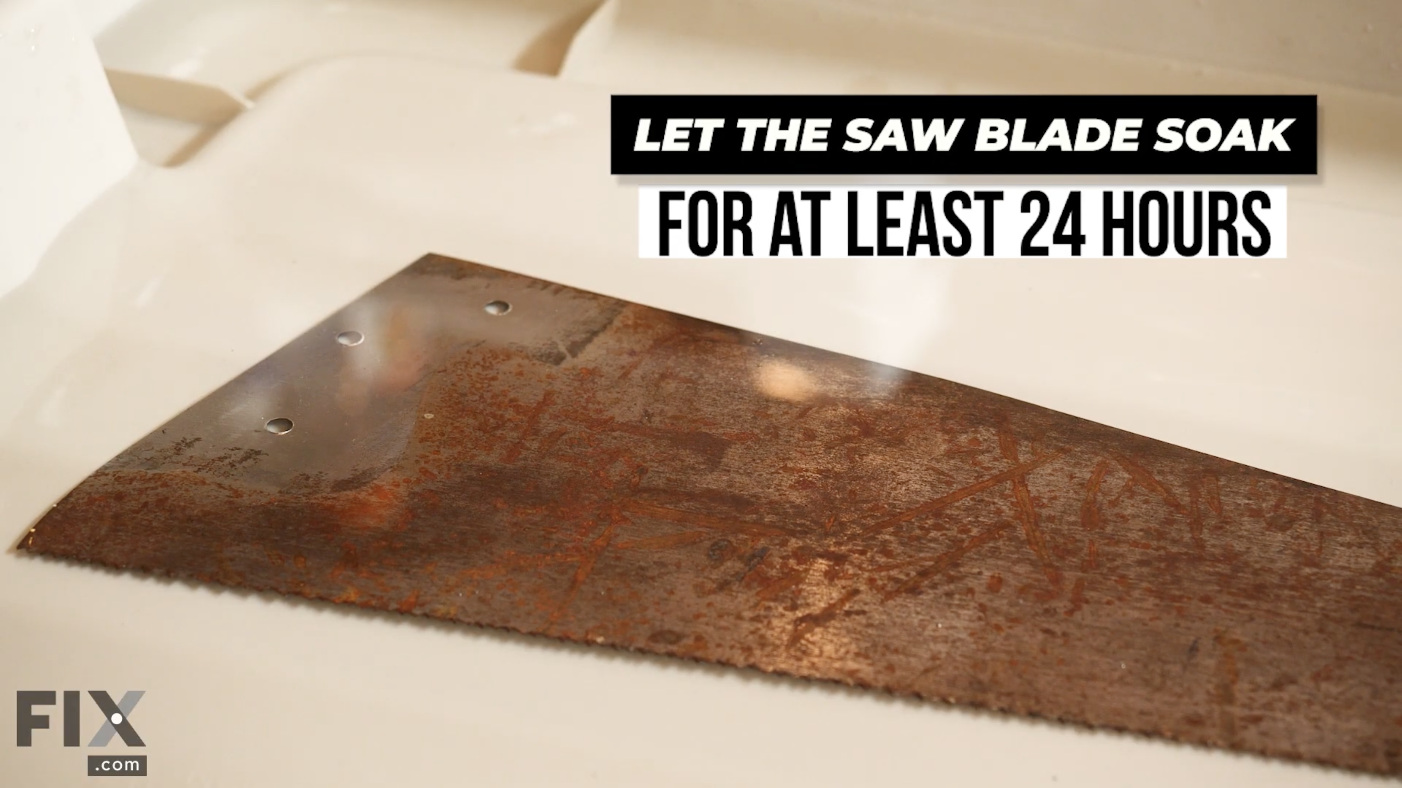 The saw blade will need to be soaked in the vinegar-water mixture 24 hours to completely break down the rust, dirt and grime.