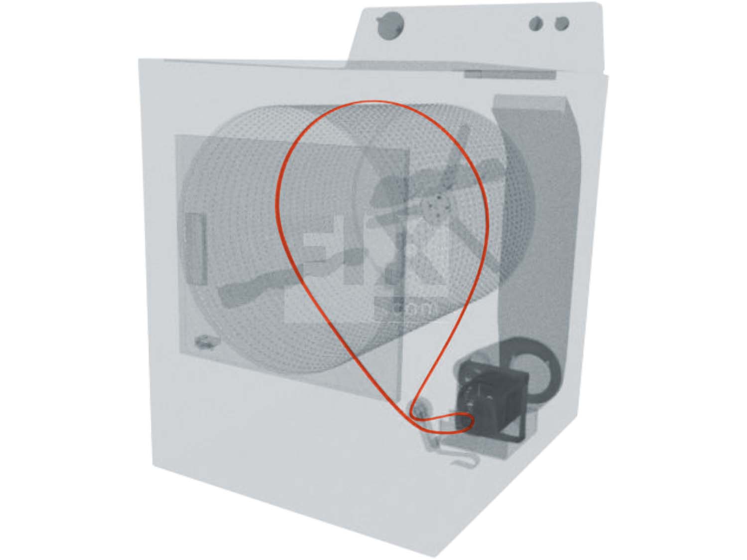 A 3D diagram showing the components of a dryer and specifying the location of the belt