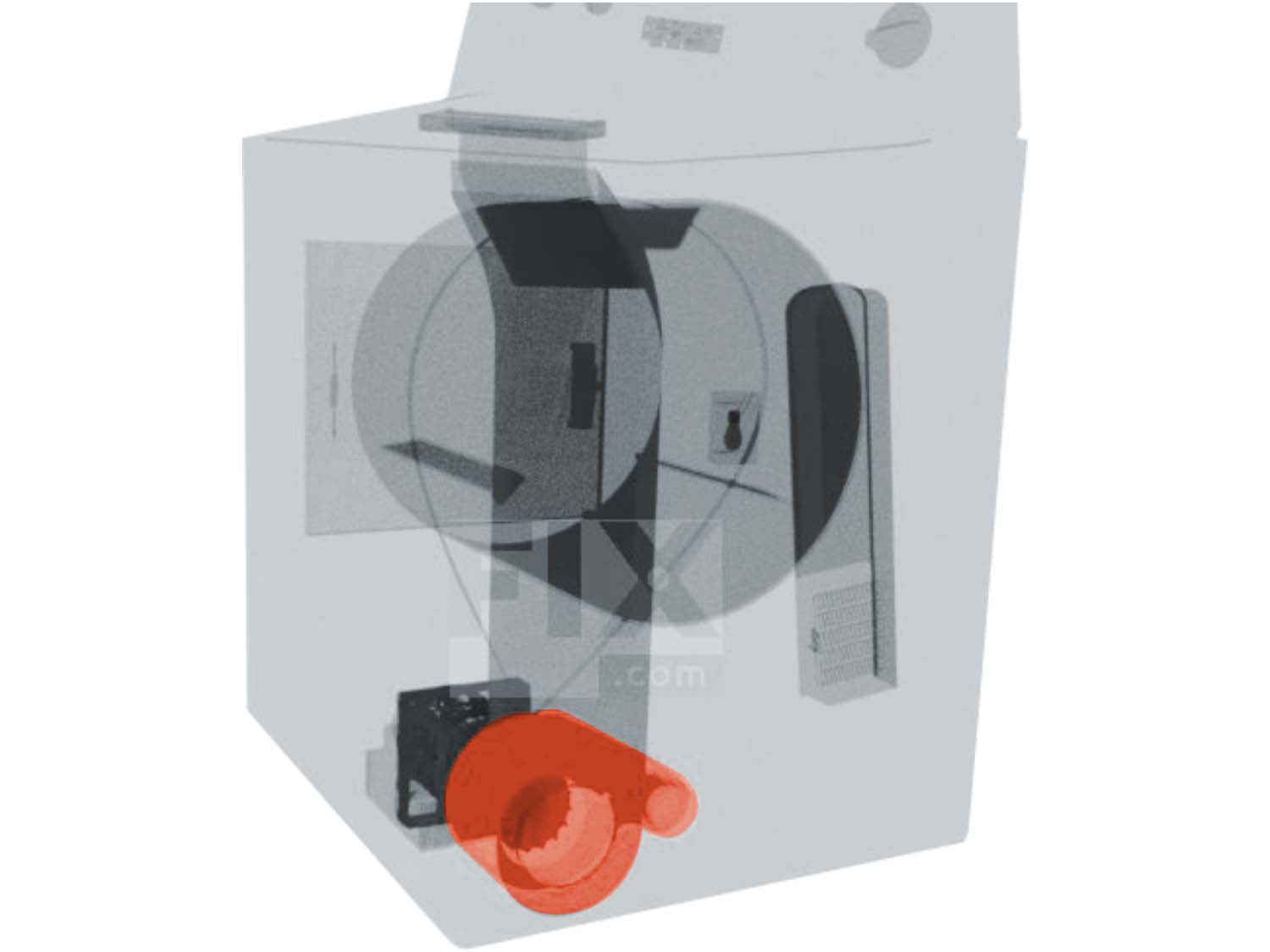 A 3D diagram showing the components of a dryer and specifying the location of the blower wheel