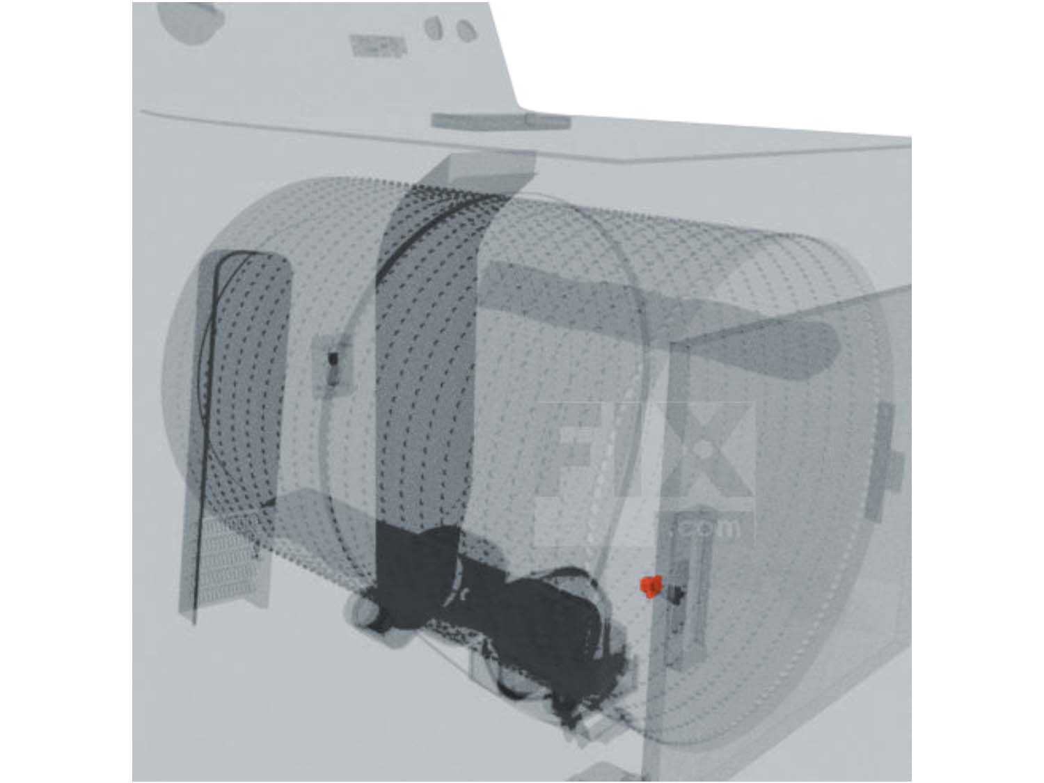 A 3D diagram showing the components of a dryer and specifying the location of the door catch