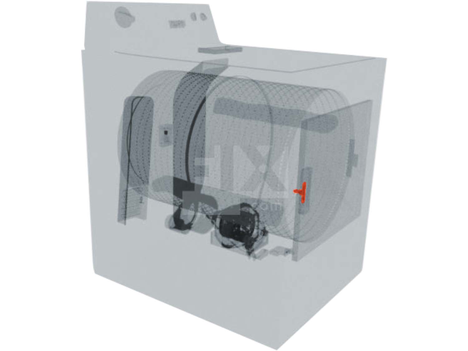 A 3D diagram showing the components of a dryer and specifying the location of the door strike