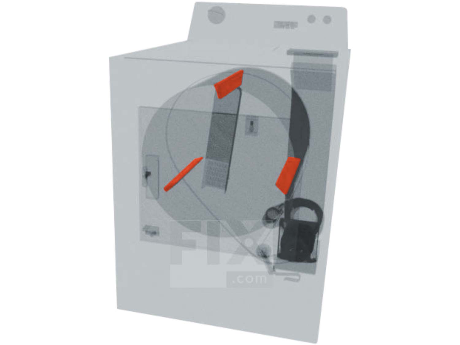 A 3D diagram showing the components of a dryer and specifying the location of the drum baffles