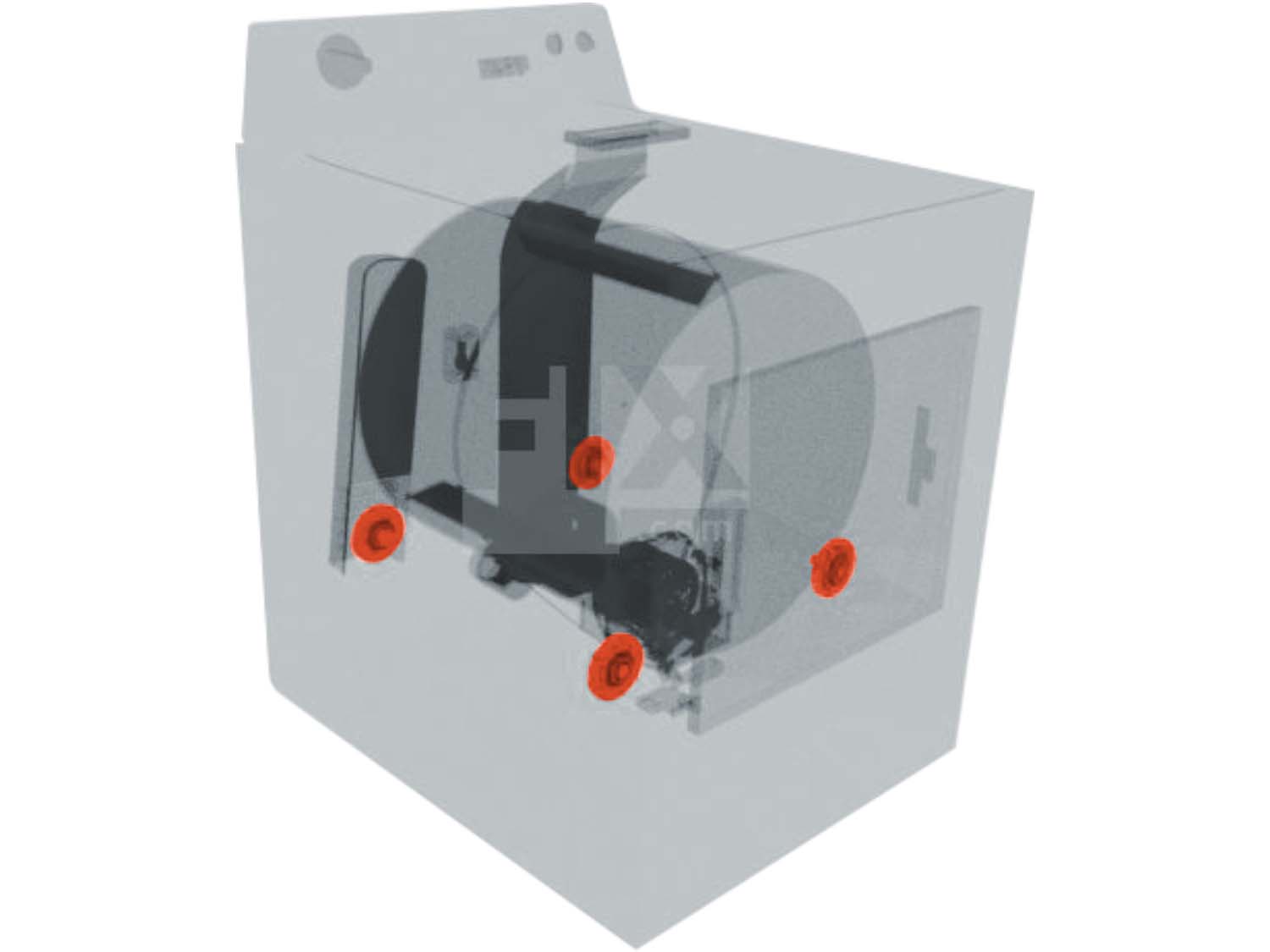 A 3D diagram showing the components of a dryer and specifying the location of the drum rollers