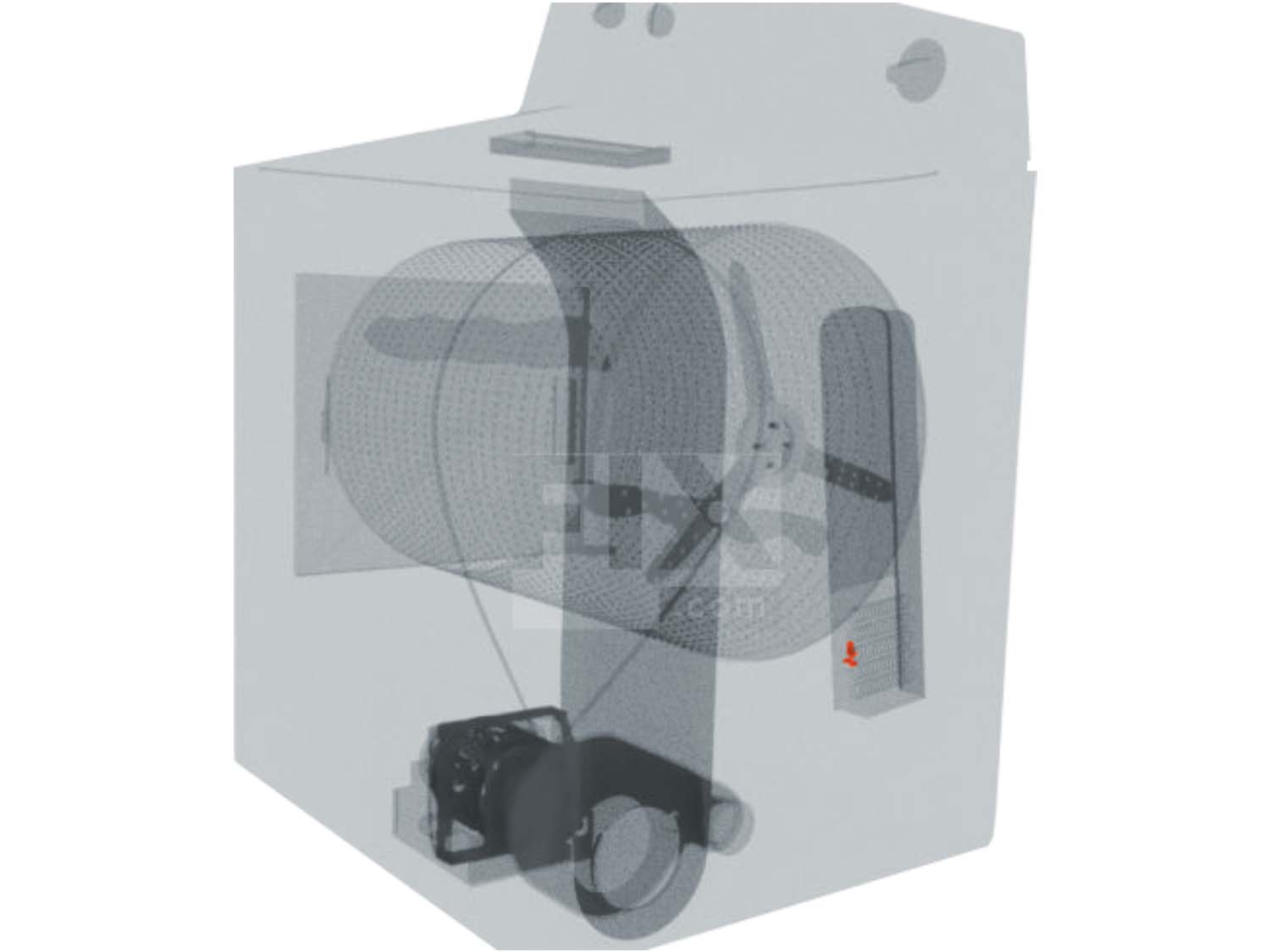 A 3D diagram showing the components of a dryer and specifying the location of the high-limit thermostat