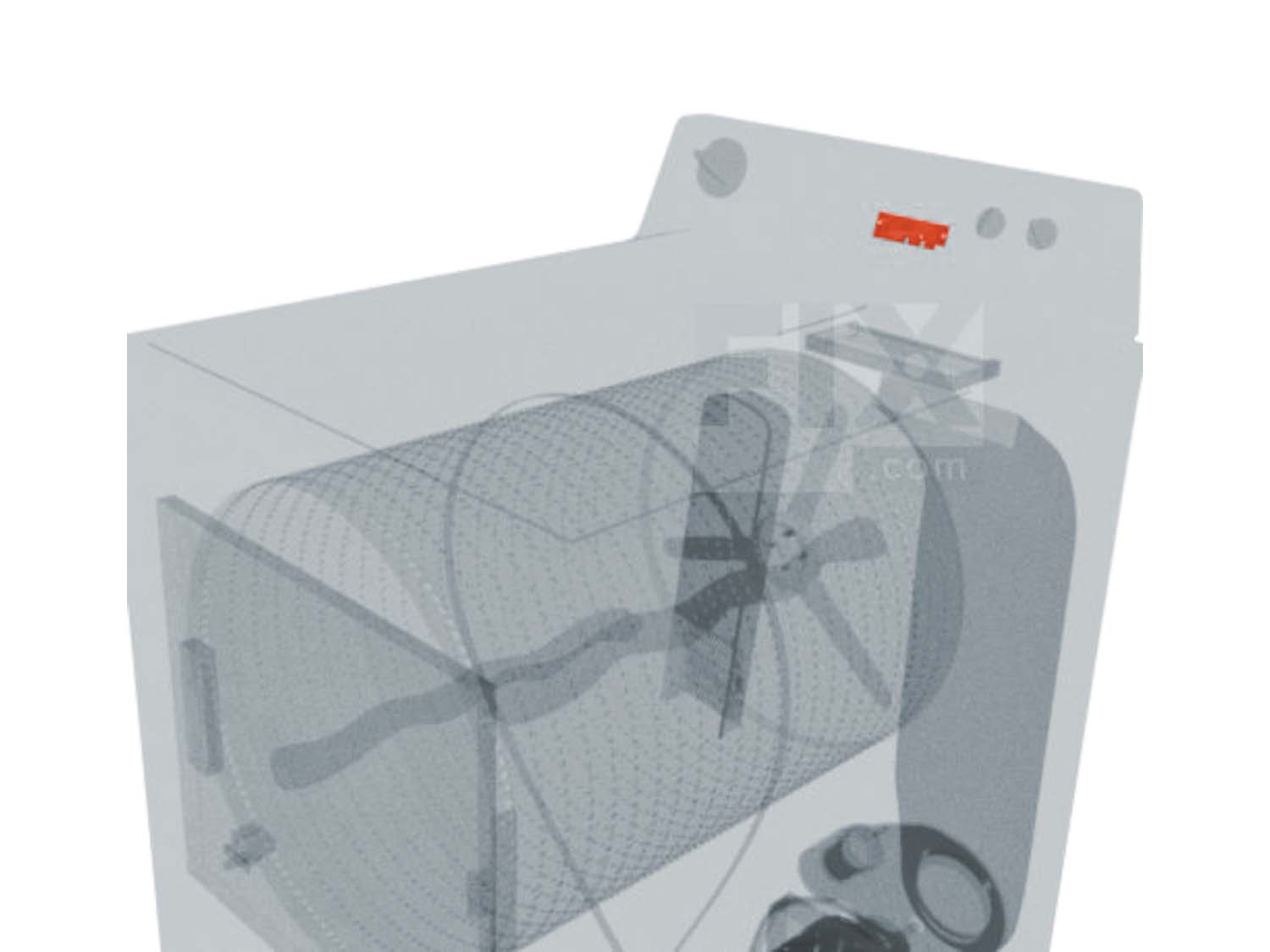 A 3D diagram showing the components of a dryer and specifying the location of the moisture board