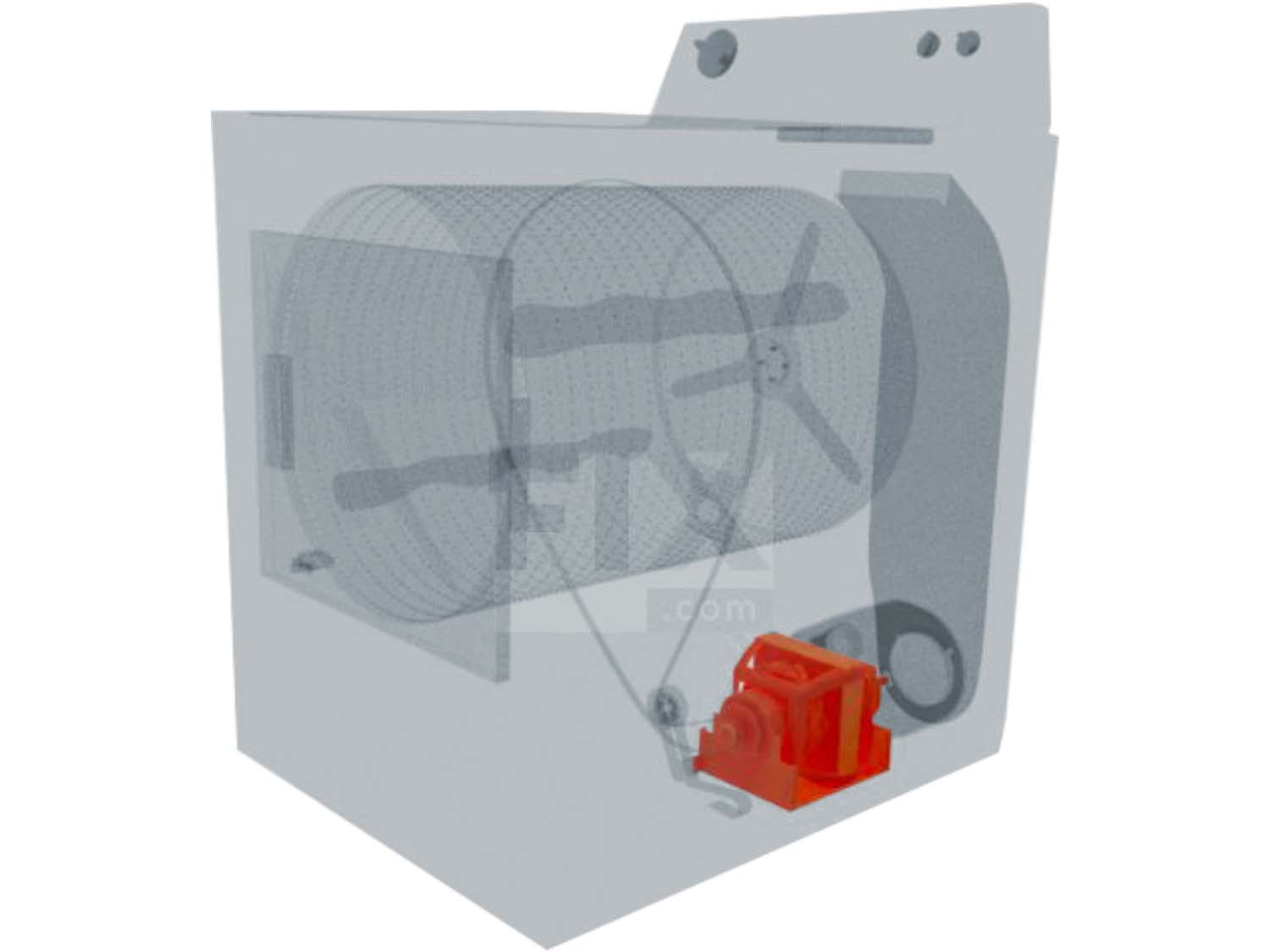 A 3D diagram showing the components of a dryer and specifying the location of the motor