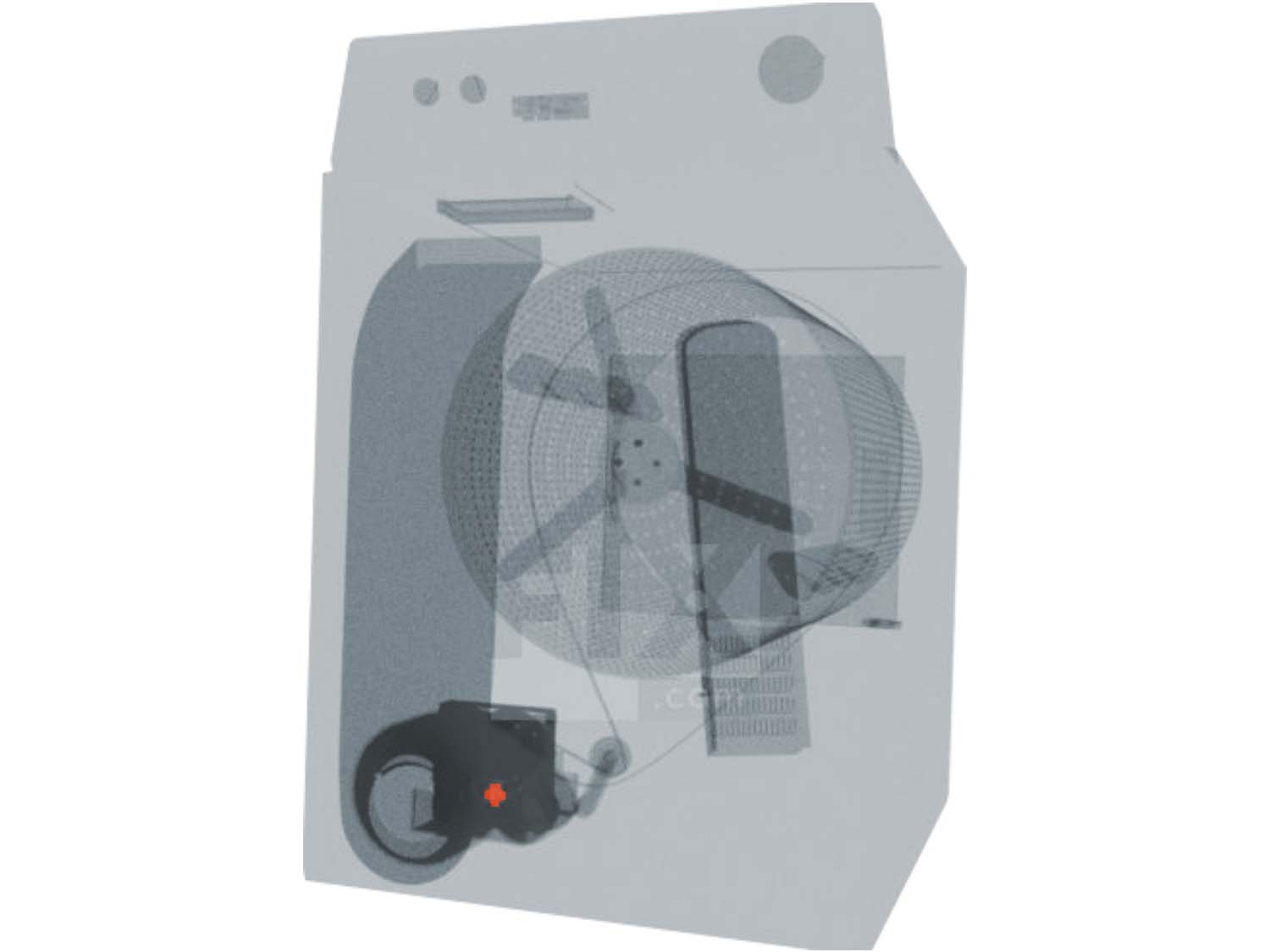 A 3D diagram showing the components of a dryer and specifying the location of the cycling thermostat