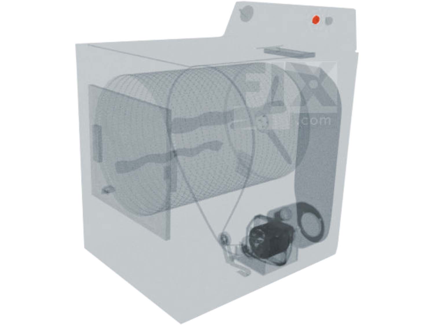 A 3D diagram showing the components of a dryer and specifying the location of the selector knob