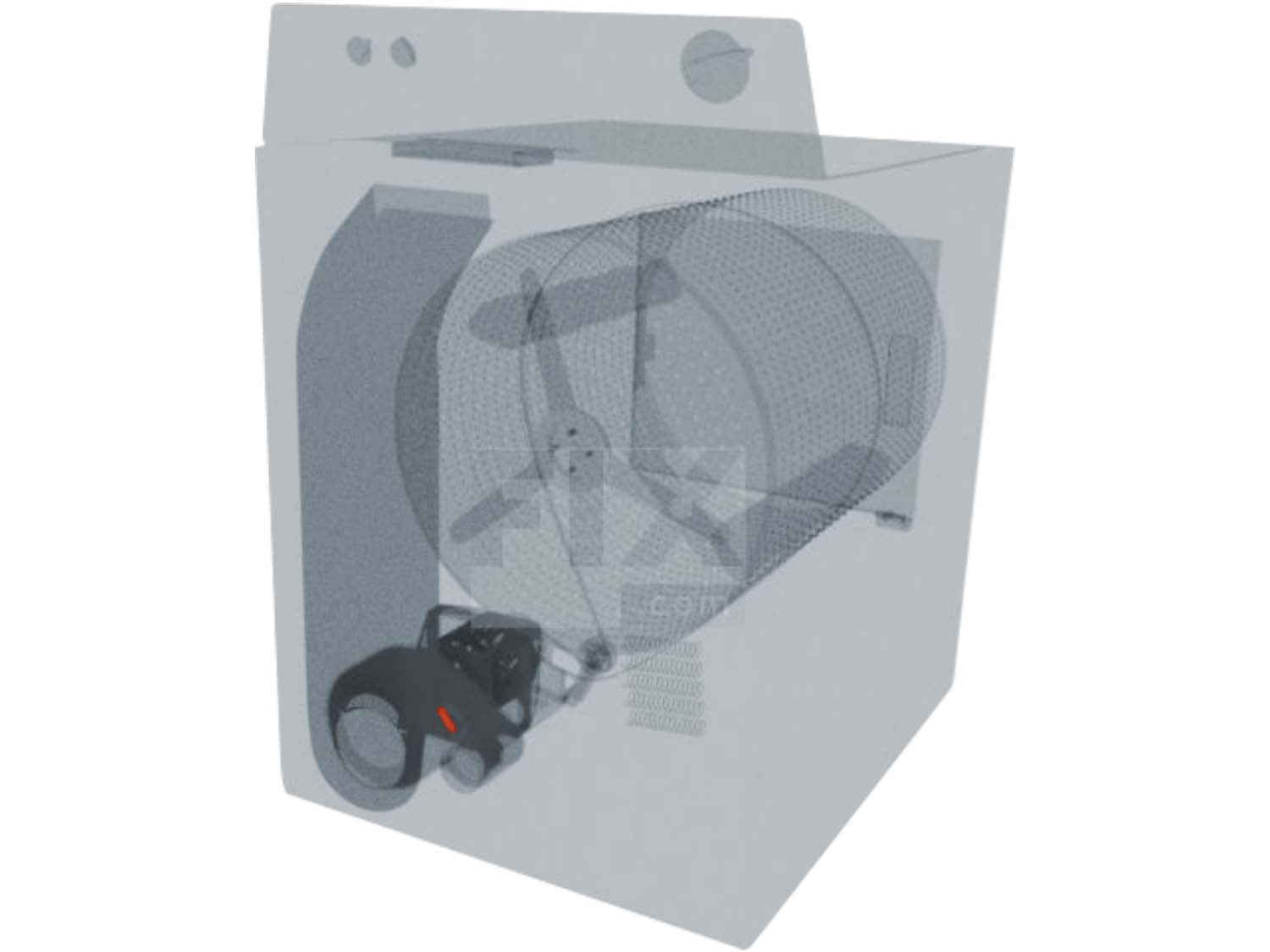 A 3D diagram showing the components of a dryer and specifying the location of the thermal fuse