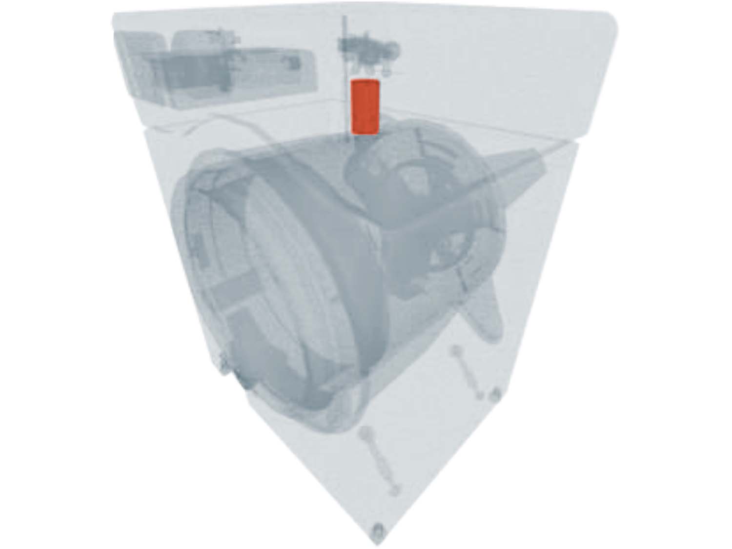 A 3D diagram showing the components of a front load washer and specifying the location of the capacitor