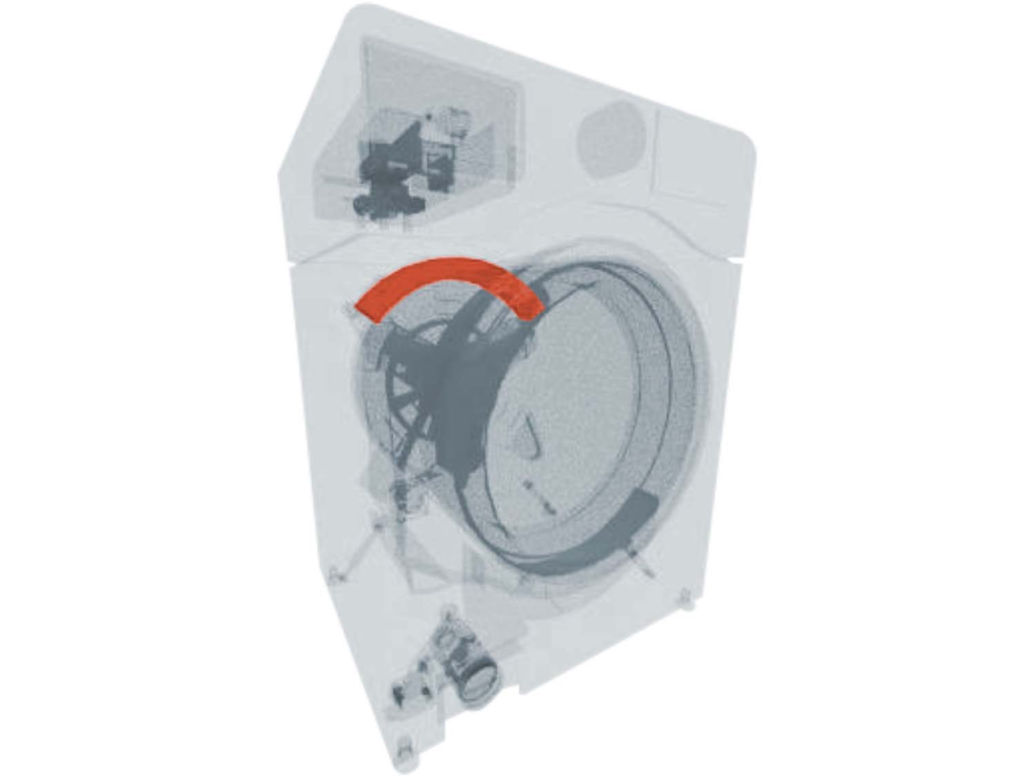 A 3D diagram showing the components of a front load washer and specifying the location of the counterweight