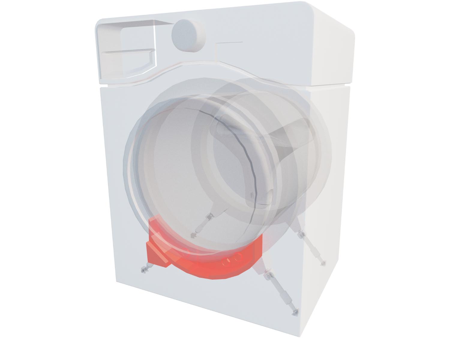 A 3D diagram showing the components of a front load washer and specifying the location of the counterweight