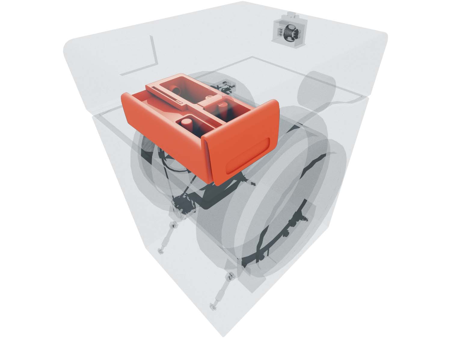A 3D diagram showing the components of a washer and specifying the location of the detergent dispenser
