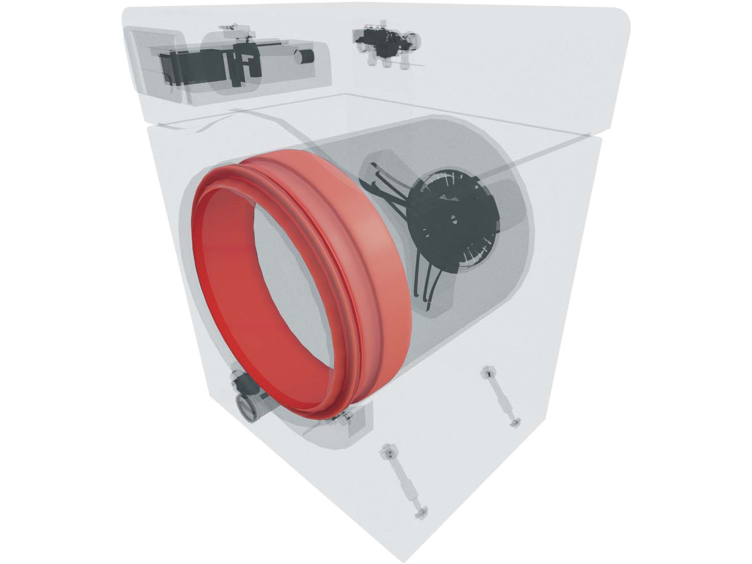 A 3D diagram showing the components of a washer and specifying the location of the door gasket