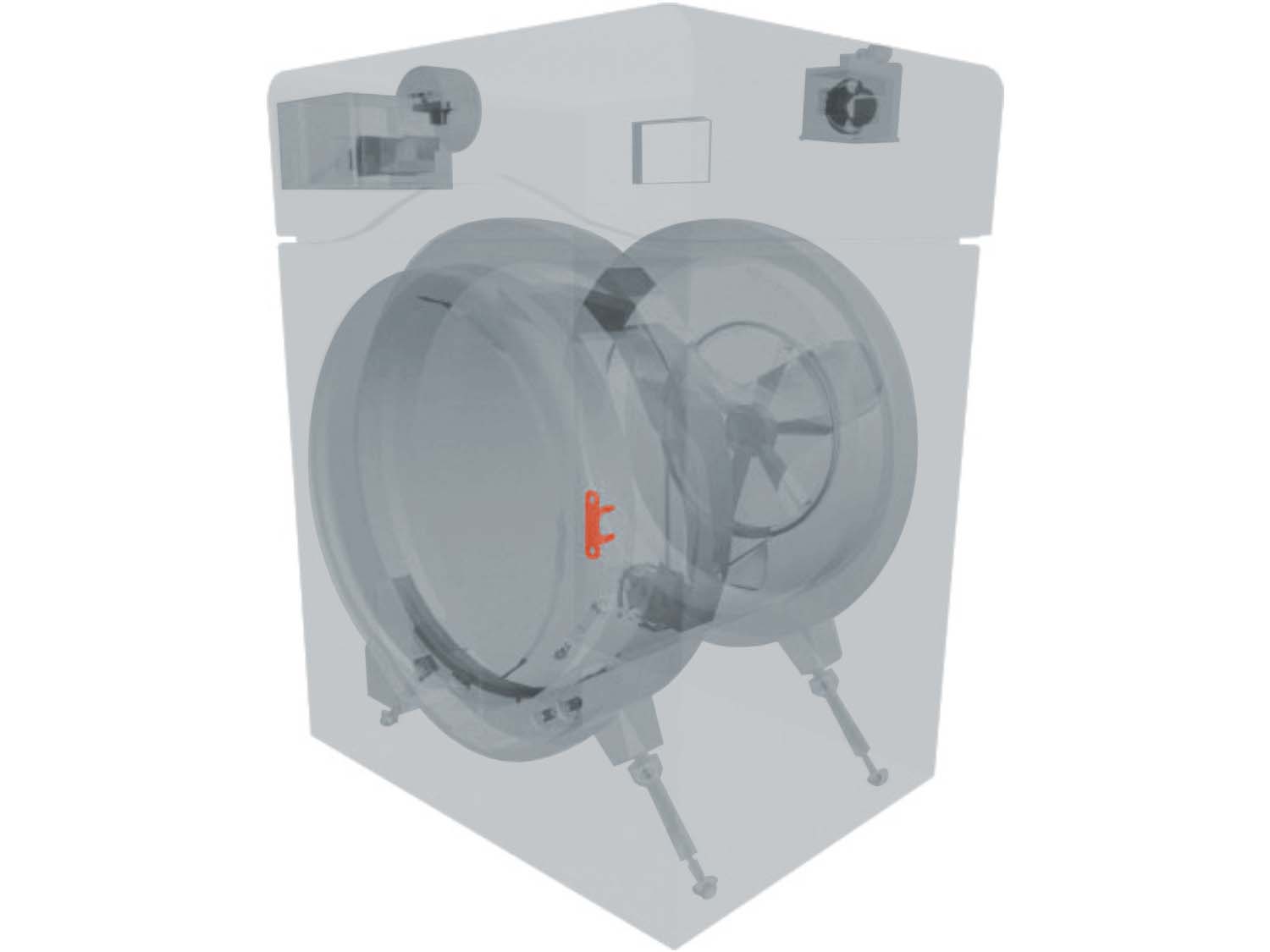 A 3D diagram showing the components of a washer and specifying the location of the door strike
