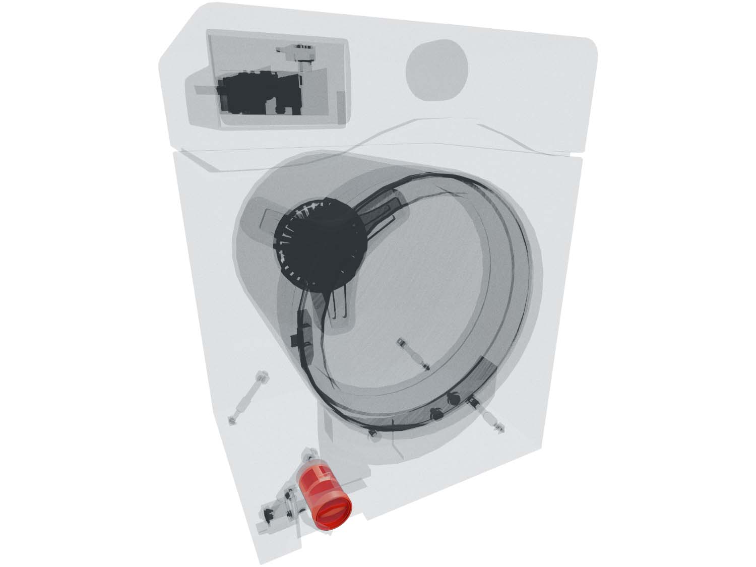 A 3D diagram showing the components of a washer and specifying the location of the drain clean out