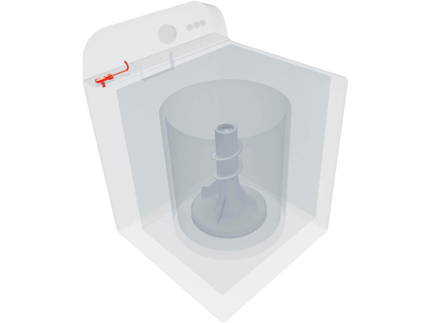 A 3D diagram showing the components of a washer and specifying the location of the lid switch