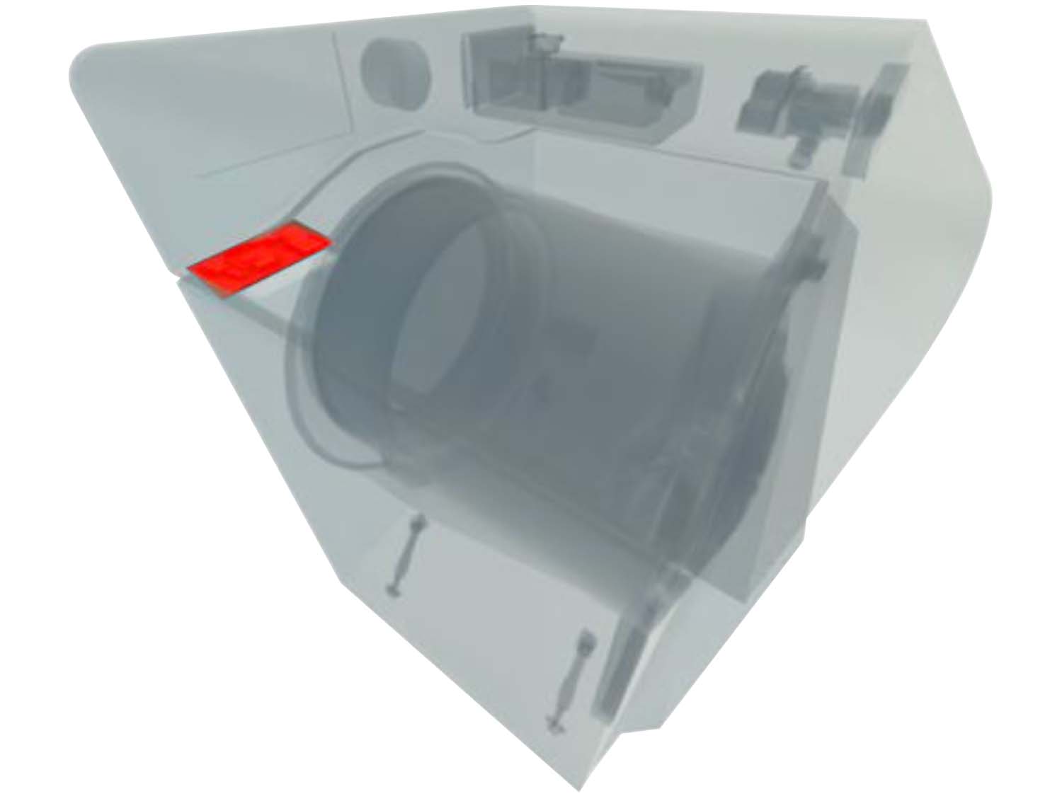 A 3D diagram showing the components of a front load washer and specifying the location of the motor control board