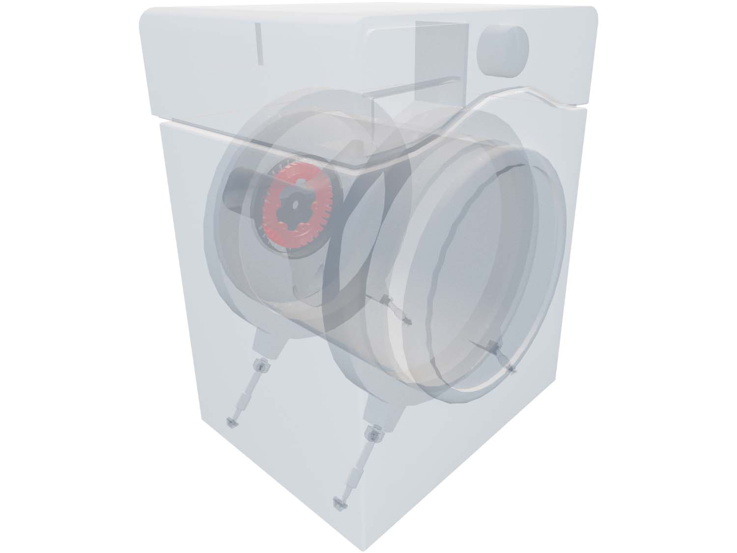 A 3D diagram showing the components of a front load washer and specifying the location of the stator