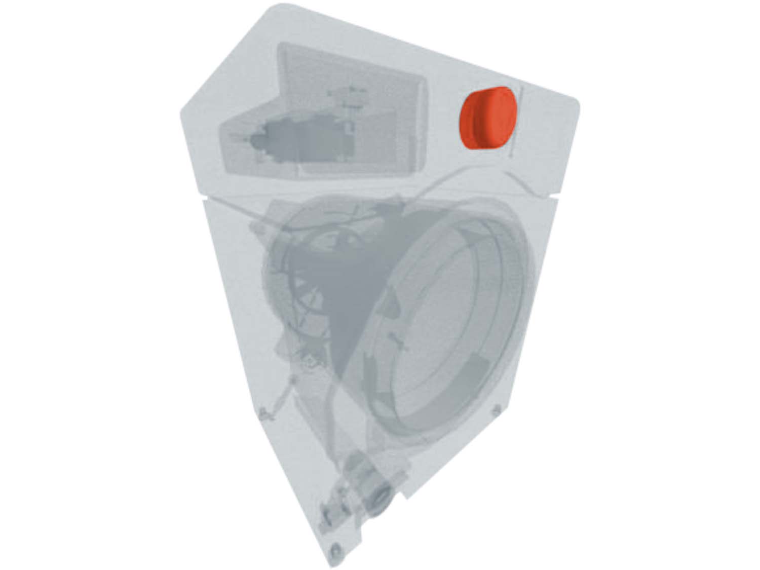 A 3D diagram showing the components of a front load washer and specifying the location of the timer knob