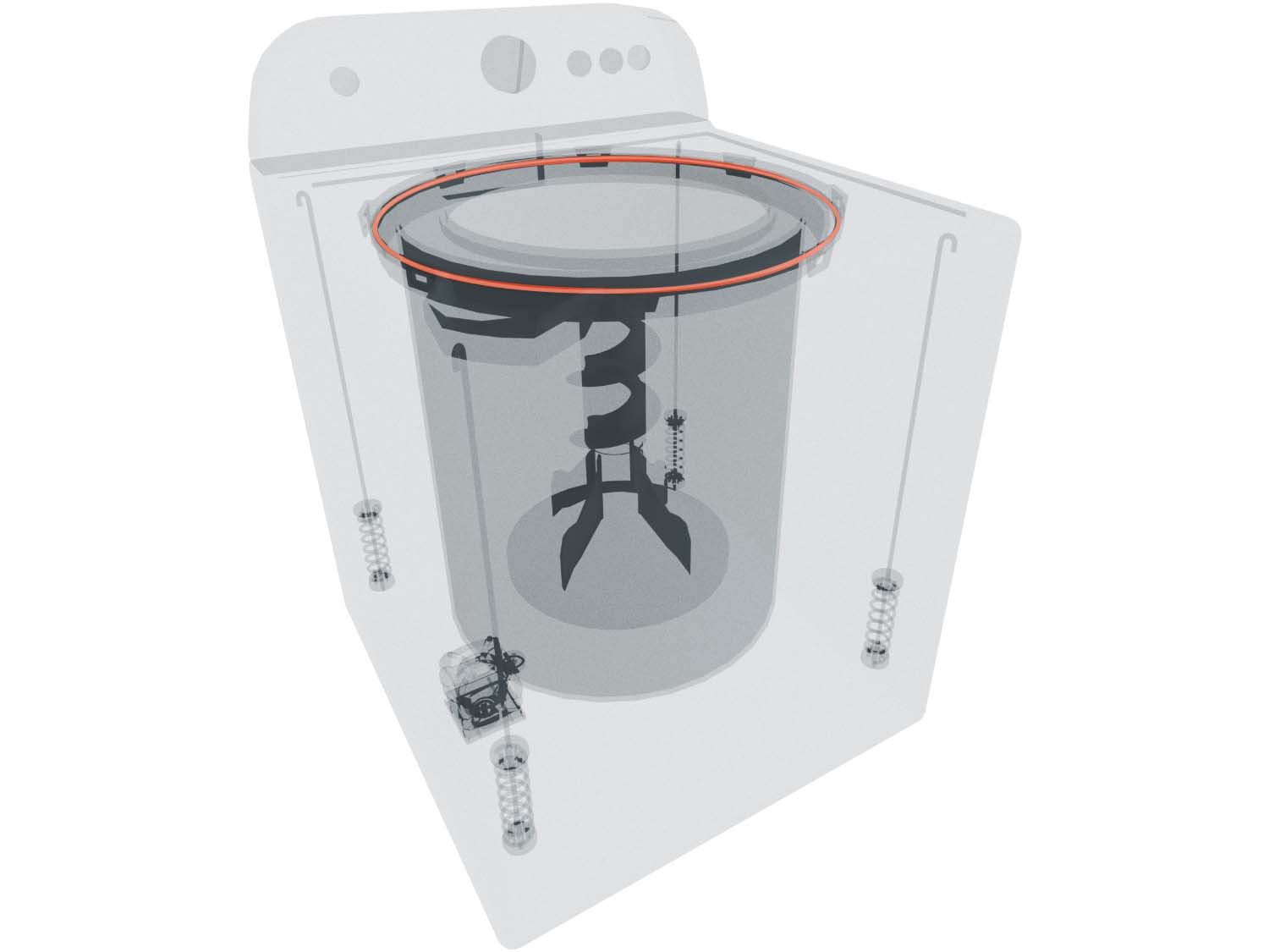 A 3D diagram showing the components of a washer and specifying the location of the tub ring gasket