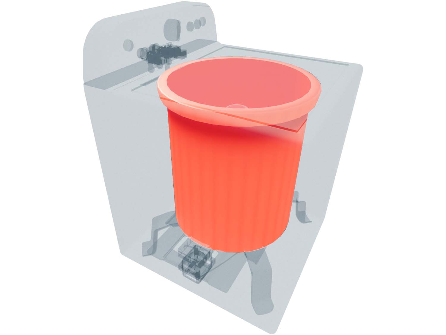 A 3D diagram showing the components of a top load washer and specifying the location of the tub