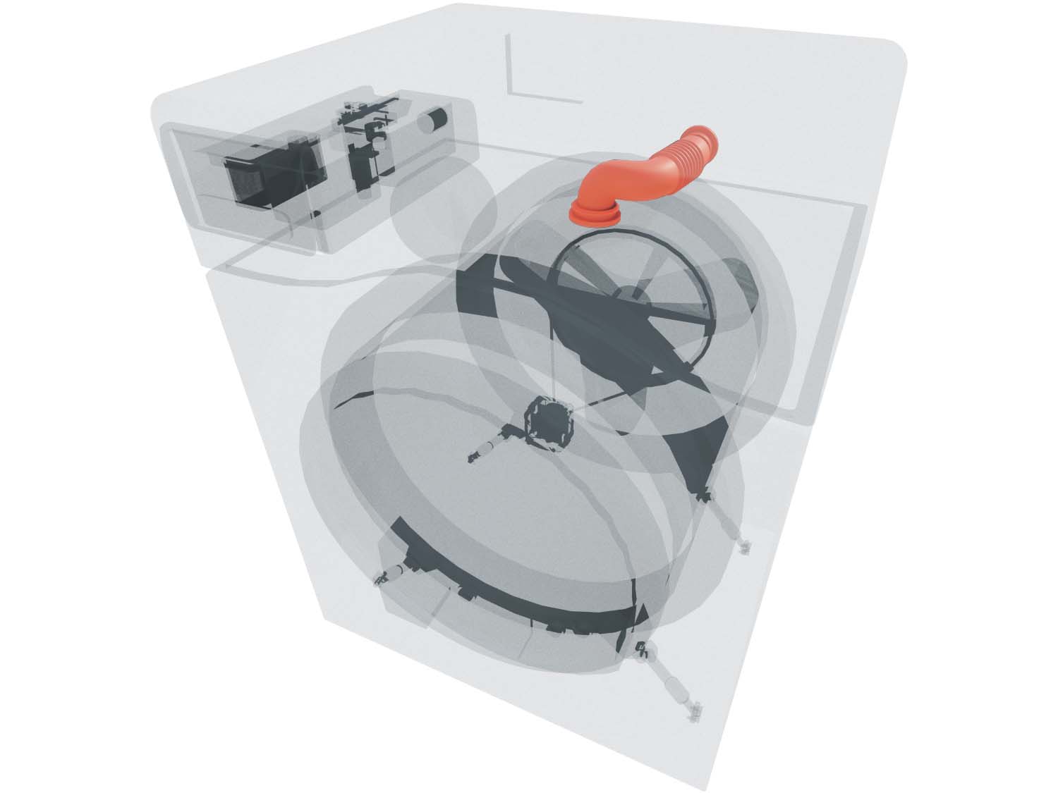 A 3D diagram showing the components of a washer and specifying the location of the tub vent tube