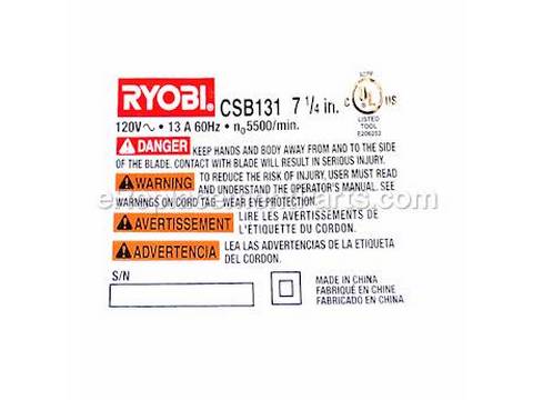 10085786-1-M-Ryobi-9429809-Data Plate - Csb131