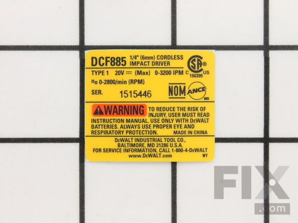11929423-1-M-DeWALT-N080314-Nameplate Dcf885 Type 1
